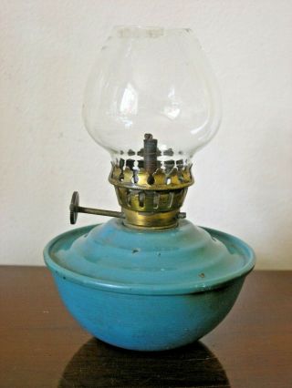 VINTAGE BLUE GREEN ENAMEL KELLY,  PIXIE,  NURSERY VERITAS OIL LAMP WEIGHTED BASE 4