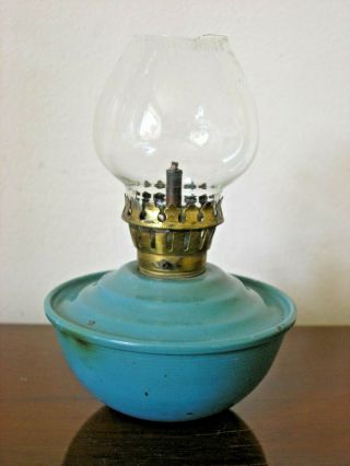 VINTAGE BLUE GREEN ENAMEL KELLY,  PIXIE,  NURSERY VERITAS OIL LAMP WEIGHTED BASE 5