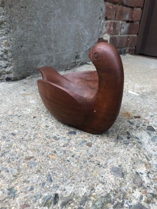 Vintage Danish Modern Mid Century Carved Signed Duck Bird Sculpture Bowl 3