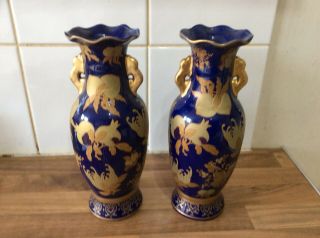 Cobalt Blue Vases With Gold Gilted Pattern,  Possibly Oriental??