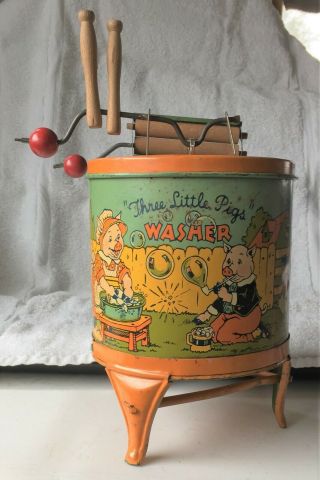 Vintage J Chein Three Little Pigs Tin Litho Washer Complete