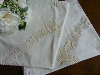 2 X Vintage Hand Crochet Inlay Pure Cotton French Pillowcases