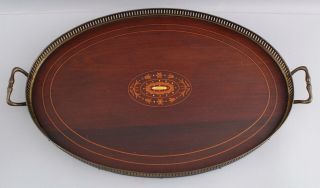 Antique Mahogany Inlaid Satinwood & Mop Oval Serving Tray W/ Brass Gallery