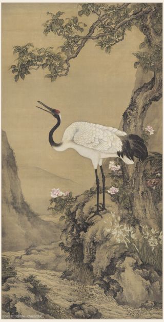 Chinese Antique Painting On Silk Crane Osmanthus By Shen Quan In Qing Dynasty