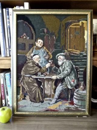 Vintage German Needlepoint Grutzner Painting Monk Beer Gute Freunde Framed 18x24