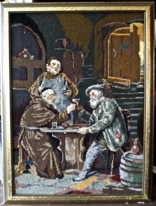 Vintage German Needlepoint Grutzner Painting Monk Beer Gute Freunde Framed 18x24 2