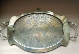 Antique Arts And Crafts Brass Tray With Sunflower Decoration