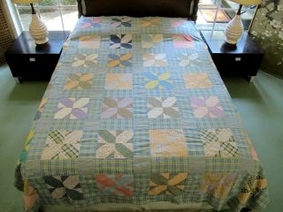 Queen Vintage Hand Pieced Shirting Cotton & Feed Sack Lone X Variation Quilt Top