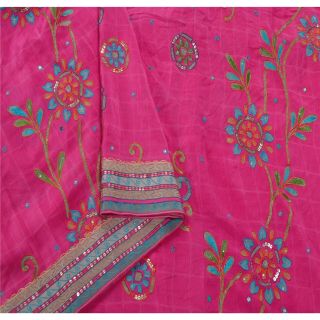 Sanskriti Vintage Pink Saree Pure Crepe Silk Hand Embroidered Craft Fabric Sari