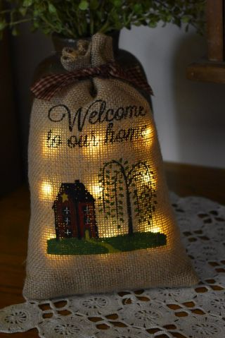 Primtive Country Welcome To Our Home Lighted Burlap Sack Home Decor