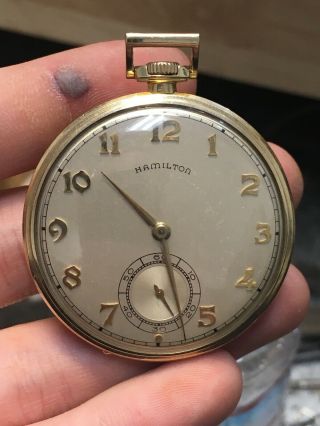1951 Hamilton 10s 17 Jewel 917 14k Gold Filled Open Face Pocket Watch