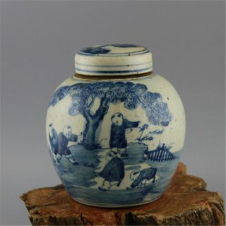 Chinese Old Blue And White Kids Play Pattern Porcelain Lid Jar