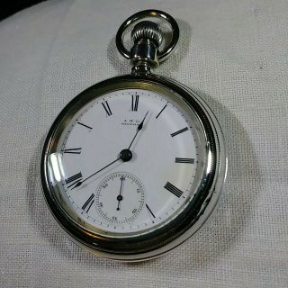 Vintage A.  W.  Co.  Pocket Watch Grade 3 Model 1883 In Signed Swing Out Coin Silver