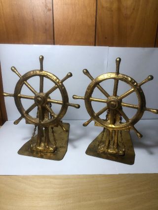 Rare Vintage Mid Century C.  Jere Nautical Bookends Signed Shipwheel 1977
