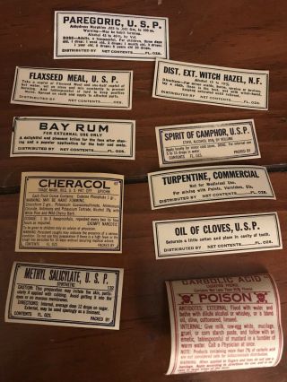 1920 Antique Vintage Old Rx Pharmacy Apothecary Gum Labels 10 Bottle Id