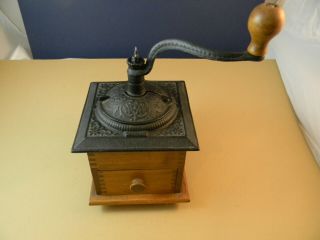 Antique Coffee Bean Grinder Mill,  Decorative Cast Iron Top,  Finger Joinery