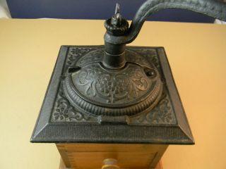 Antique Coffee bean grinder mill,  decorative cast iron top,  finger joinery 2