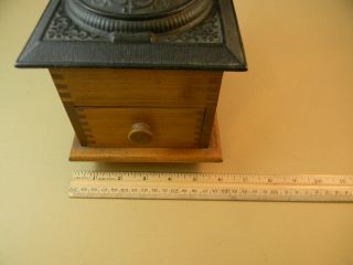 Antique Coffee bean grinder mill,  decorative cast iron top,  finger joinery 6