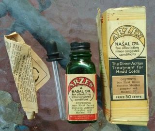 Vtg Antique Bottle Of Arzen Nasal Oil W/ Box & Instruct Old Drug Store
