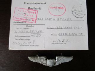 Wwii Pilot Stalag Luft 1 Made Lead Wing & Letter Mail Pow German Prisoner Of War