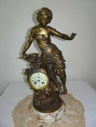 Antique L&f Moreau Bronzed Spelter Woman Clock Property Of F.  Moreau Plaque