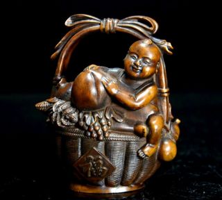 Collect China Antique Boxwood Carve Fairchild & Peach Moral Auspicious Statue