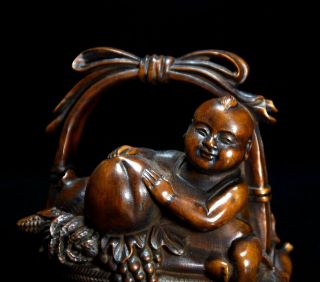Collect China Antique Boxwood Carve Fairchild & Peach Moral Auspicious Statue 2