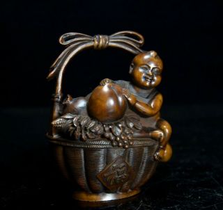 Collect China Antique Boxwood Carve Fairchild & Peach Moral Auspicious Statue 3