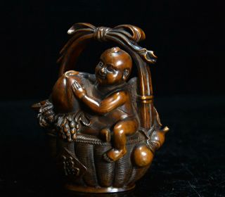 Collect China Antique Boxwood Carve Fairchild & Peach Moral Auspicious Statue 4