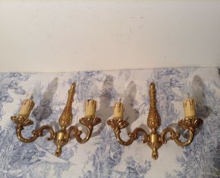 Pair Vintage French Bronze Double Wall Lights / Candle Sconces (1572)