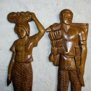 2 Vtg MCM Eames Era Decorative Wall Hanging/Plaque Wood Carving Set Teak J0217 3