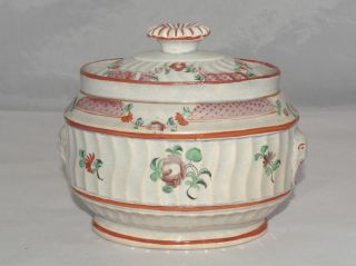 Antique Pearlware China Hand Painted Rose Decorated Covered Sugar Bowl