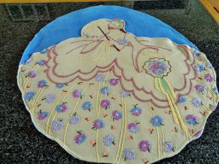 Exquisite Hand Embroidered Cushion/nightie - Crinoline Lady,  Parasol & Flowers