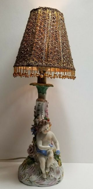 Antique Potschapel Carl Thieme Dresden Porcelain Figural Lamp With Cherub