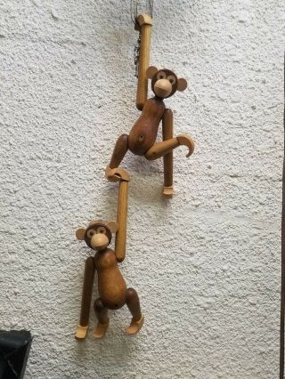 2 Vtg Mid Century Modern 10 " Teak Wood Monkey Bojesen Style Japan Hanging Toys