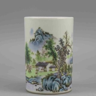 Chinese Old Hand - Carved Porcelain Famille Rose Landscape Pattern Brush Pot C02