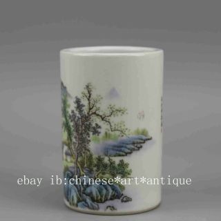 Chinese old hand - carved porcelain famille rose landscape pattern brush pot c02 3