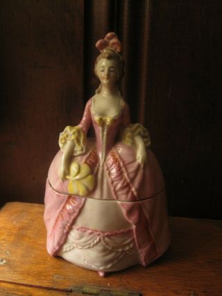 Antique German Porcelain Trinket Dresser Box Lady In Pink Gown With Fan 6 1/2 "