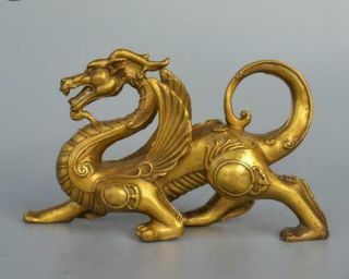 Exquisite China Fengshui Pure Brass Evil Dragon Kylin Unicorn Wing Beast Statue