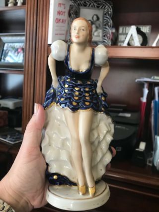 Art Deco Royal Dux Bohemia Porcelain Figurine Of Parisienne Can Can Girl