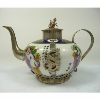 Collectible Old China Painted Porcelain Teapot Armored Dragon Lion Monkey