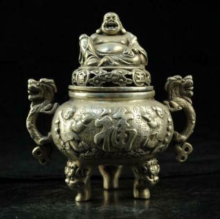 Chinese Old Hand - Carved Copper - Plating Silver Buddha Incense Burner D02