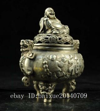 Chinese old hand - carved copper - plating silver Buddha incense burner d02 2