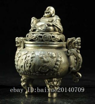 Chinese old hand - carved copper - plating silver Buddha incense burner d02 3