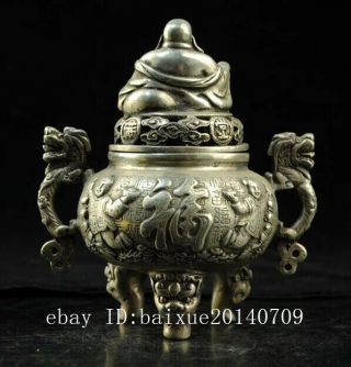 Chinese old hand - carved copper - plating silver Buddha incense burner d02 4