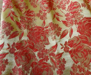 Vintage Mid Century Roses Floral Satin Damask Brocade Fabric Yellow Red Pink