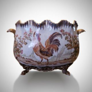 Castilian Bronze/brass Mounted Porcelain Bowl Hand Painted Fowl