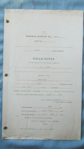 1907 Clear Creek County Colorado 21st Lode Mine Claim Survey Field Notes - Mining
