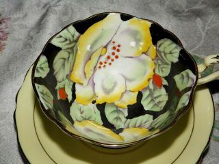 Vintage Paragon Black with Yellow Flowers & Yellow Band Footed Tea Cup & Saucer 2