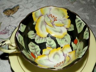 Vintage Paragon Black with Yellow Flowers & Yellow Band Footed Tea Cup & Saucer 3